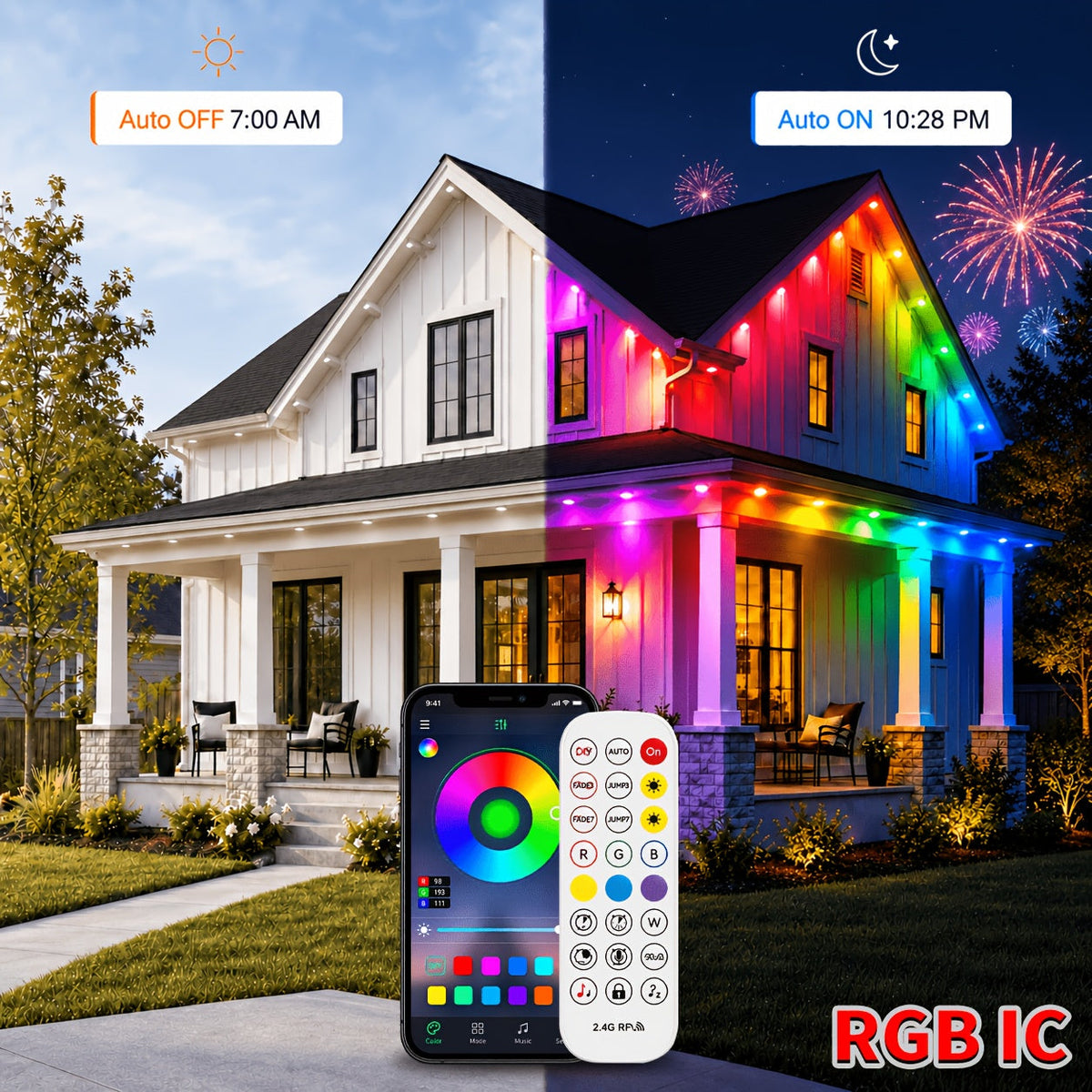 Timer turns the roofline lights on at night and off in the morning