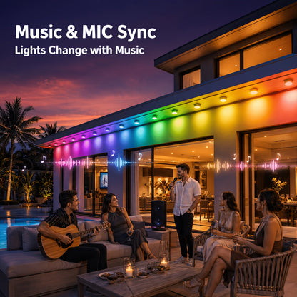 Music and mic sync lights on a patio party