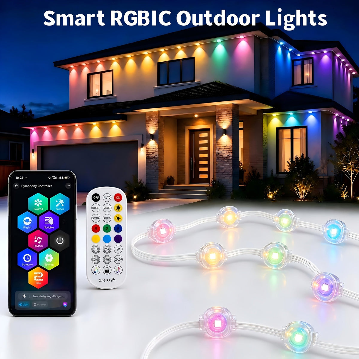 Smart RGBIC permanent outdoor lights with phone app and remote